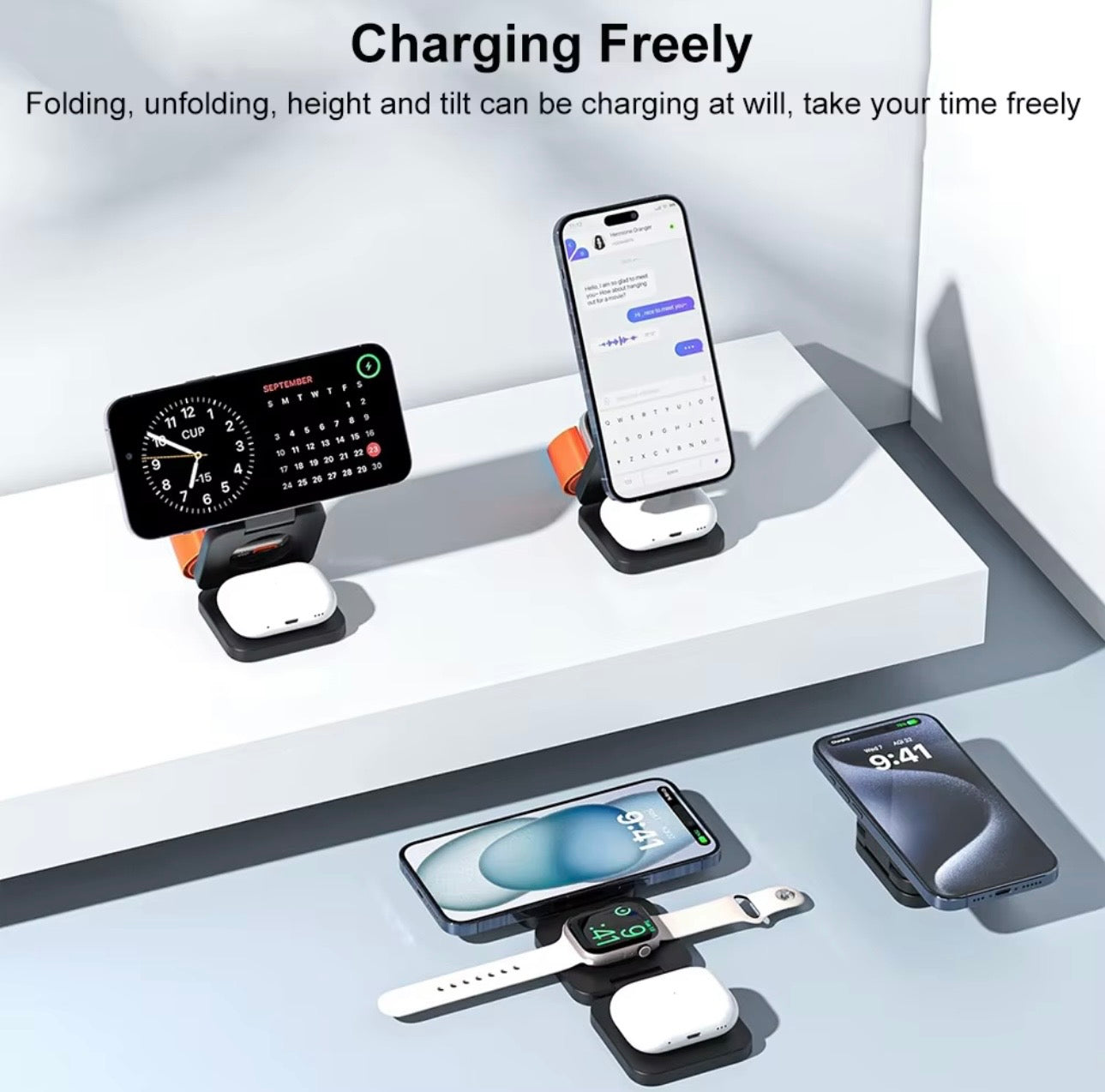 Multi-device charging stand with smartphone, smartwatch, and wireless earbuds on a white surface.
