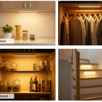 A four-panel collage showing a smart LED strip light installed in different real-world locations: a kitchen counter, a closet with hanging clothes, a cabinet with shelves and bottles, and a staircase with wooden steps. Each panel shows the light mounted above surfaces and the room illuminated in a warm yellow tone.
