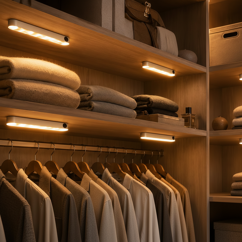 Warm LED shelf lights illuminating a neatly organized closet with folded towels, hanging shirts, and storage bins on wooden shelves.