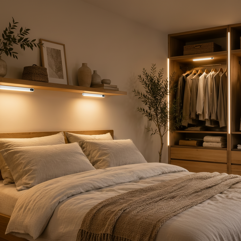 A warm, modern bedroom scene featuring a neatly made bed with beige bedding, a wooden headboard, built-in wall shelves with decorative items, and an open wooden wardrobe filled with hanging clothes and storage boxes. The room is illuminated by warm, ambient lighting.