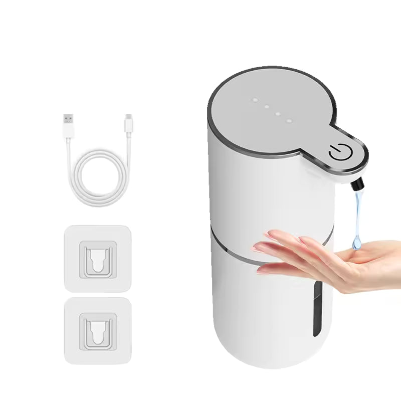Hand soap dispenser with power cable and wall mount bracket on a white background