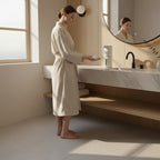 A woman in a cream bathrobe stands at a modern bathroom vanity, dispensing soap from a white soap dispenser. The bathroom features a large round backlit mirror, a floating marble countertop, and warm wood paneling.