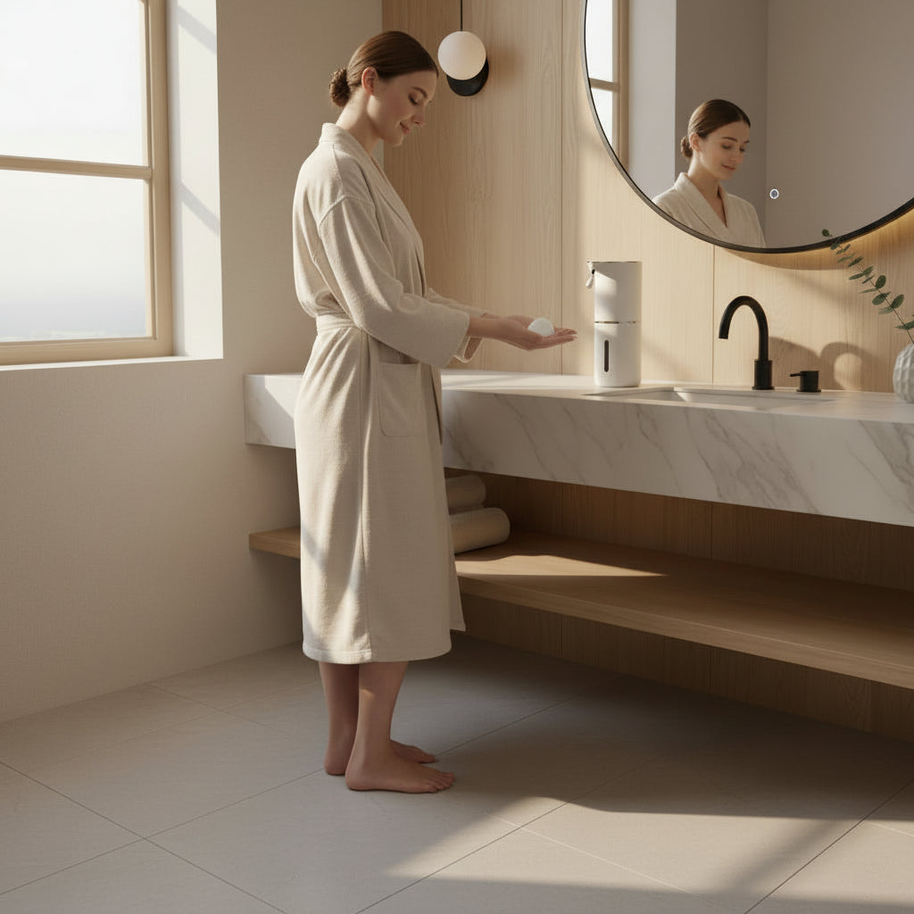 A woman in a cream bathrobe stands at a modern bathroom vanity, dispensing soap from a white soap dispenser. The bathroom features a large round backlit mirror, a floating marble countertop, and warm wood paneling.