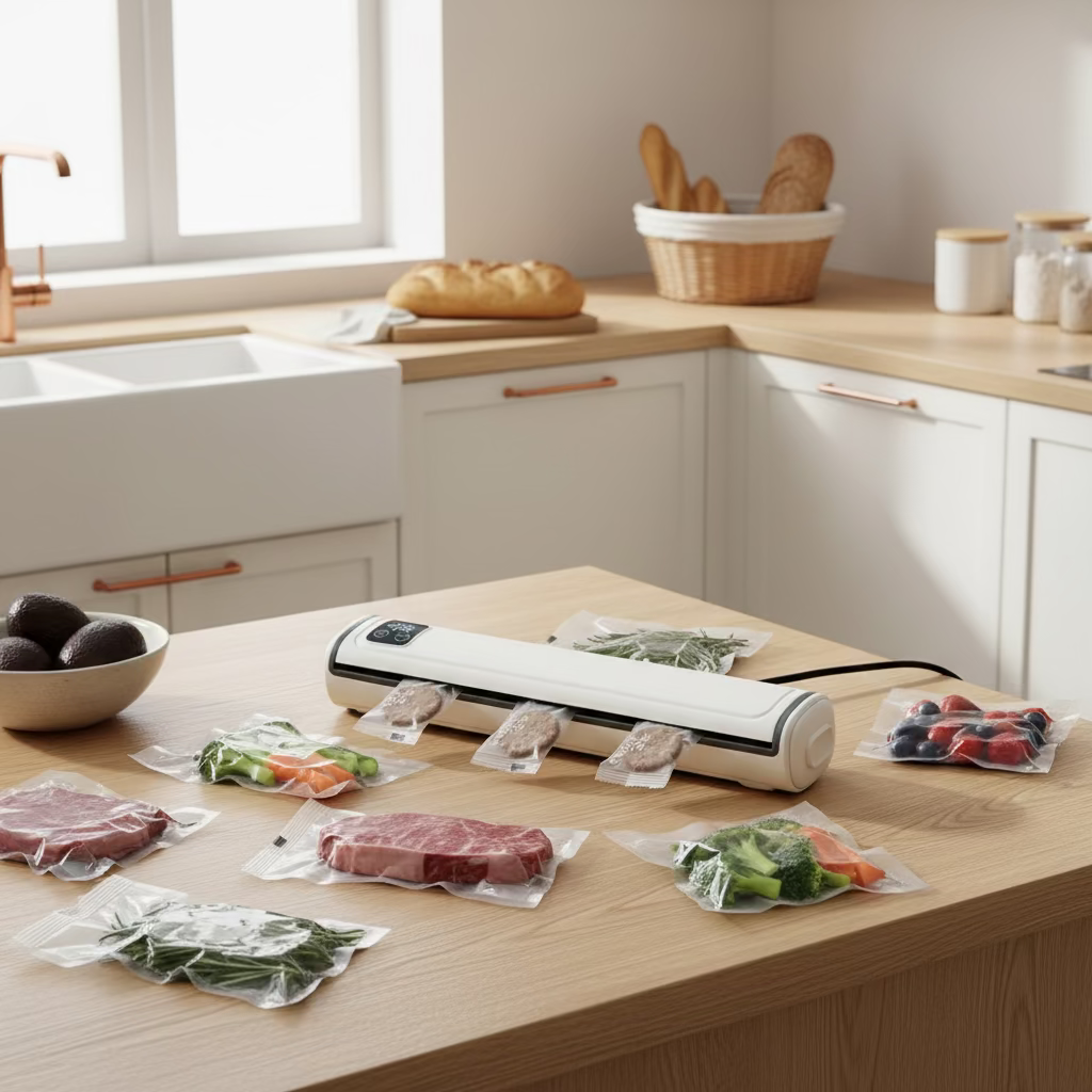 A white and black digital vacuum sealer shown on a wooden tabletop with food items around it, including cookies in clear bags, a bowl of eggs, and corn. Text on the image says multiple packaging is suitable for both household and commercial use.