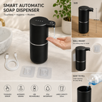 Black smart automatic soap dispenser with a touch sensor, shown dispensing soap on a hand. The image is a multi-panel infographic showing the product size (19.