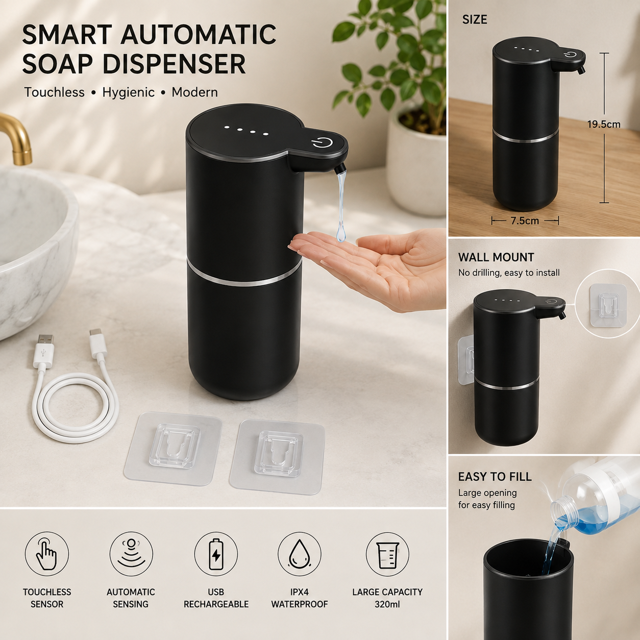 Black smart automatic soap dispenser with a touch sensor, shown dispensing soap on a hand. The image is a multi-panel infographic showing the product size (19.