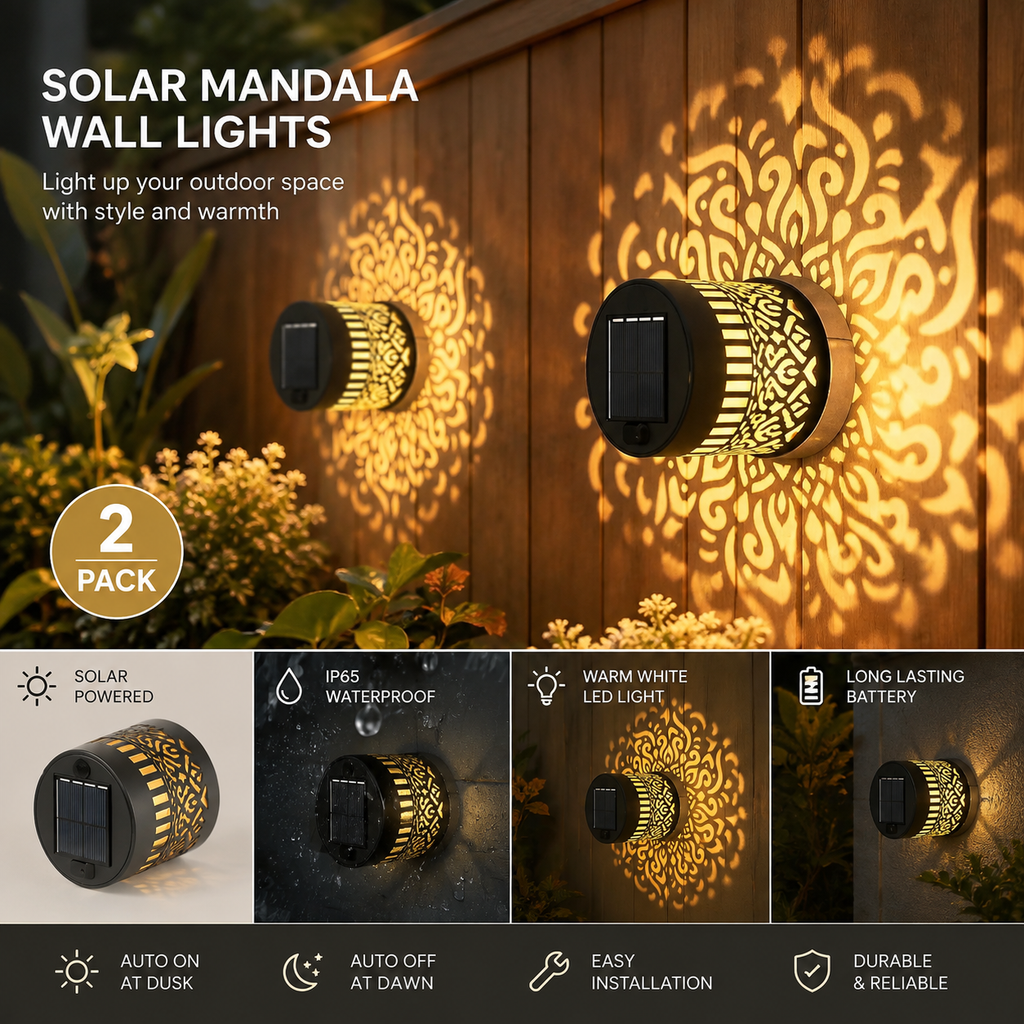 Two solar mandala wall lights shown mounted on a wooden wall, casting ornate warm light patterns. The image includes marketing text, a '2 PACK' badge, and four feature panels below highlighting solar powered, waterproof, warm white LED light, and durable battery life.