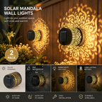 Two solar mandala wall lights shown mounted on a wooden wall, casting ornate warm light patterns. The image includes marketing text, a '2 PACK' badge, and four feature panels below highlighting solar powered, waterproof, warm white LED light, and durable battery life.