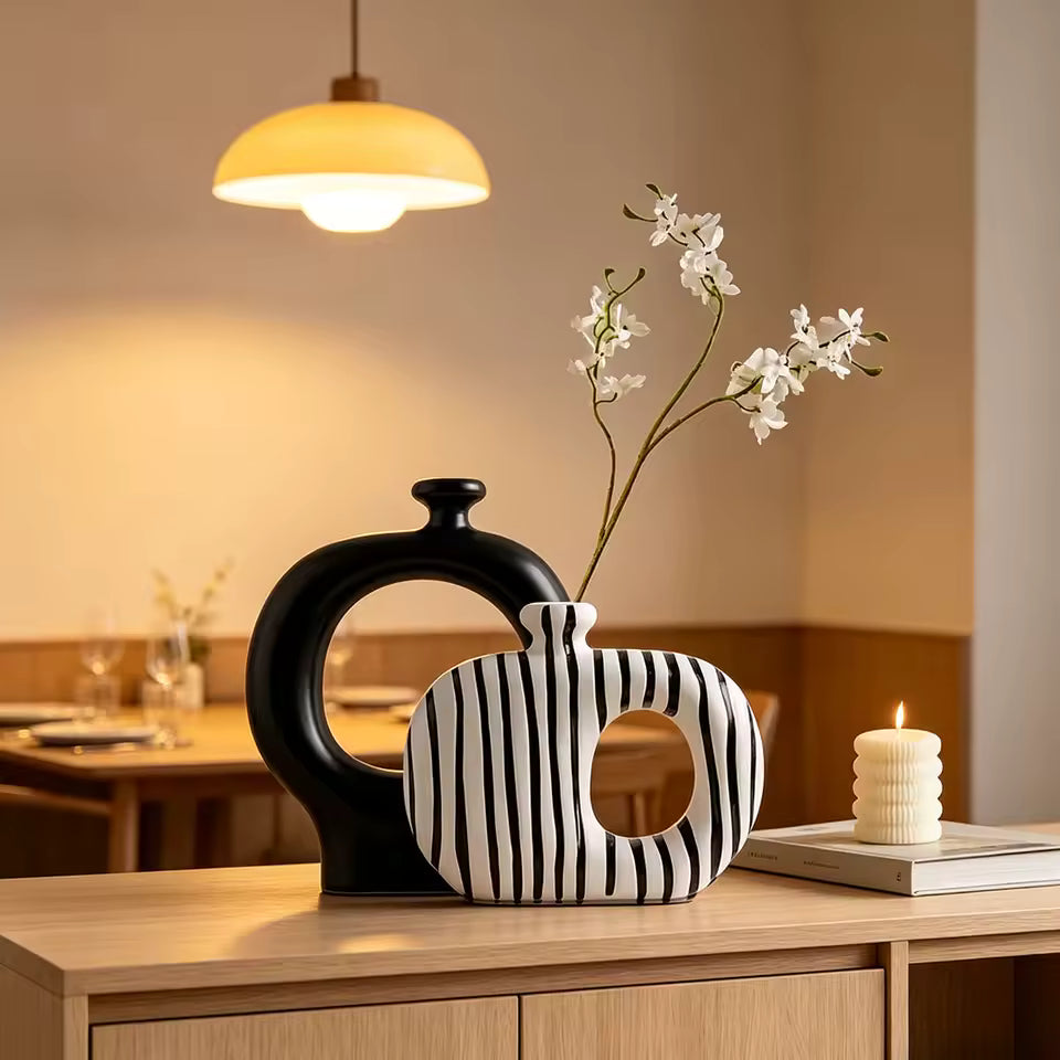 Nordic Ceramic Stripe Vase Collection – Modern Decorative Flower Vase