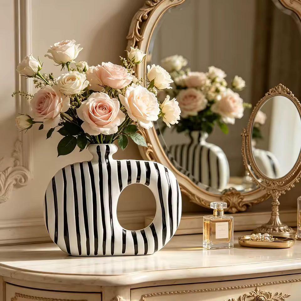 Nordic Ceramic Stripe Vase Collection – Modern Decorative Flower Vase