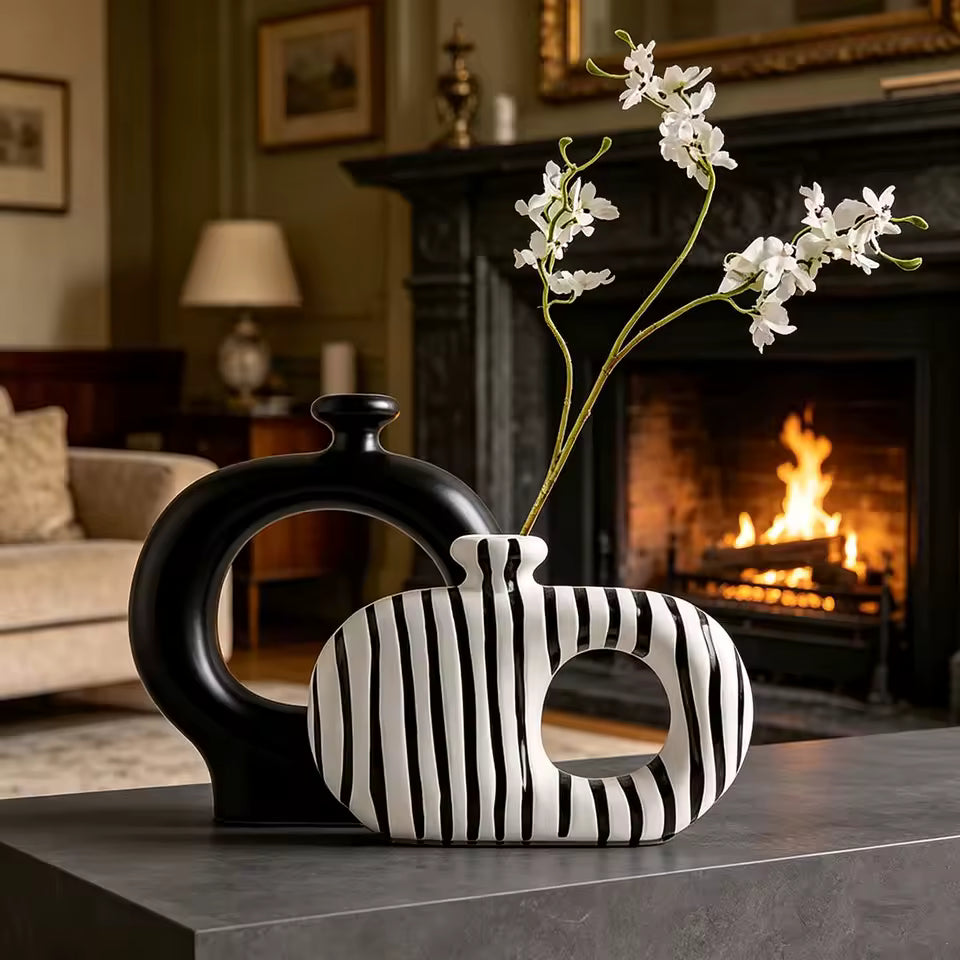 Nordic Ceramic Stripe Vase Collection – Modern Decorative Flower Vase