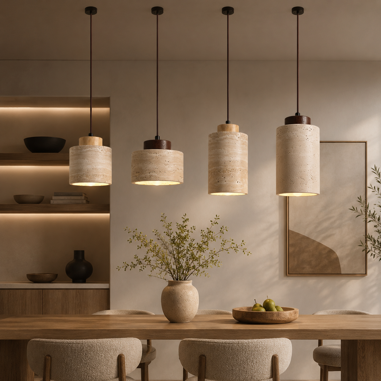 Four cylindrical pendant lights with textured beige stone-look shades and dark metal hardware hang over a wooden dining table in a modern, warm-toned interior.