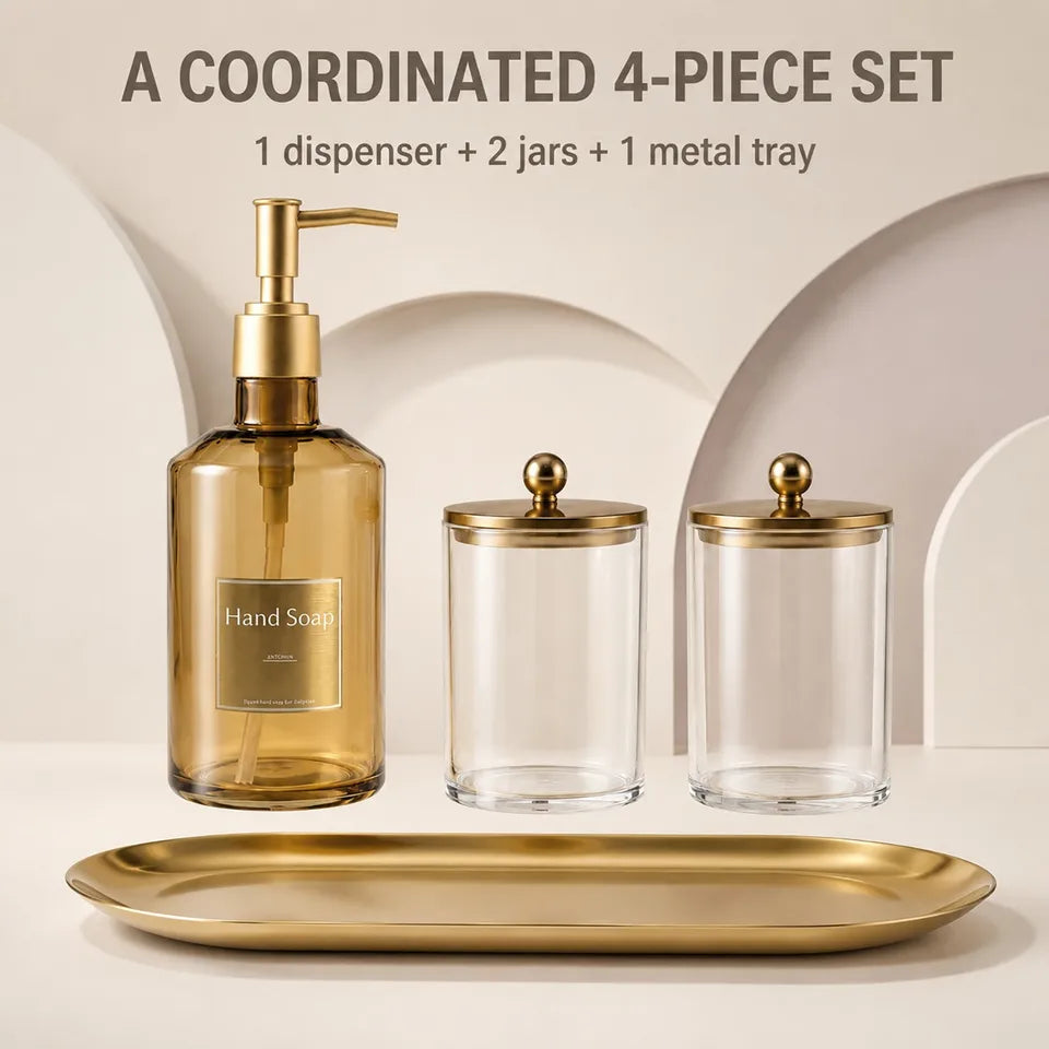 4-Piece Bathroom Vanity Organizer Set – Soap Dispenser & Cotton Storage Jars