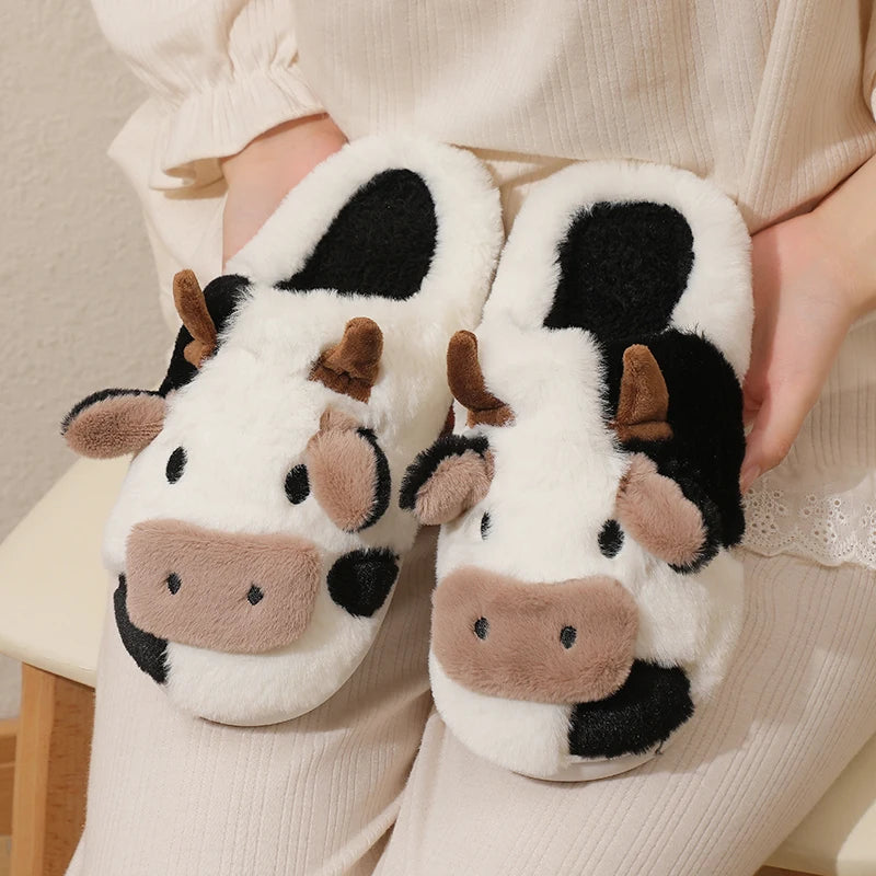 Winter Unisex Cartoon Cow Plush Slippers