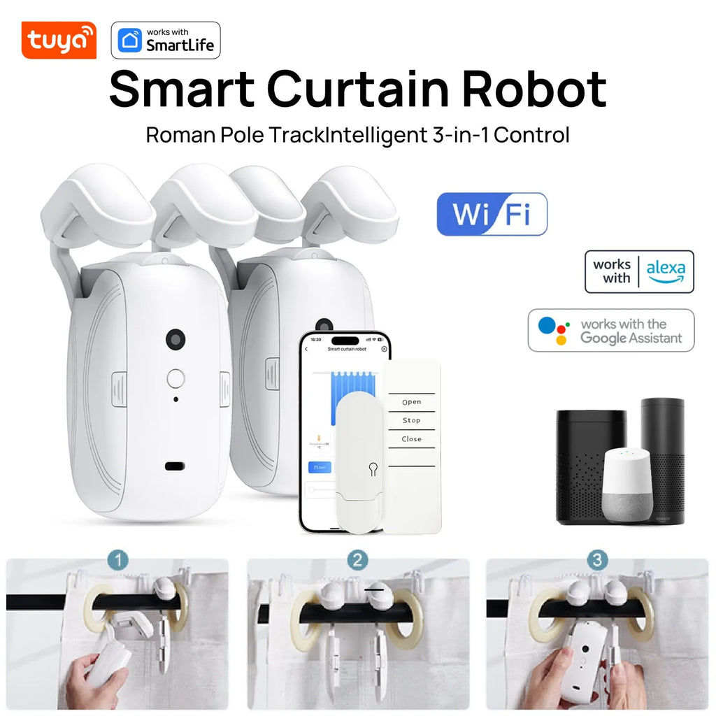 Tuya Smart Curtain Robot promotional graphic showing two white smart curtain motor units, a smartphone app screen, and compatibility icons for Alexa, Google Assistant, and Smart Life on a white background.