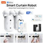 Tuya Smart Curtain Robot promotional graphic showing two white smart curtain motor units, a smartphone app screen, and compatibility icons for Alexa, Google Assistant, and Smart Life on a white background.