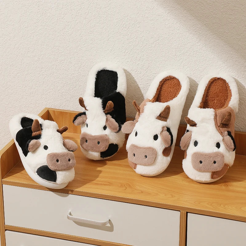 Winter Unisex Cartoon Cow Plush Slippers