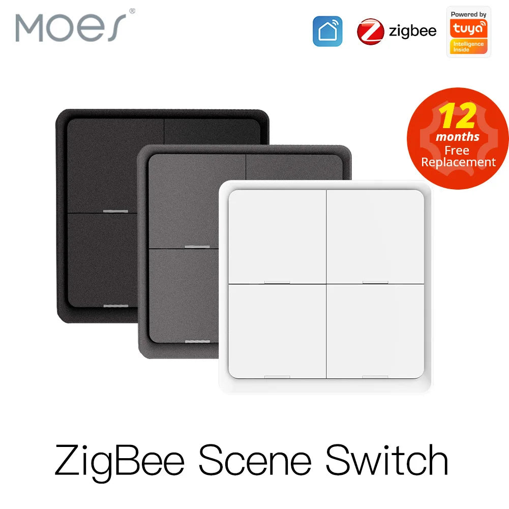 Moes ZigBee Scene Switch with black, gray, and white options on a white background.