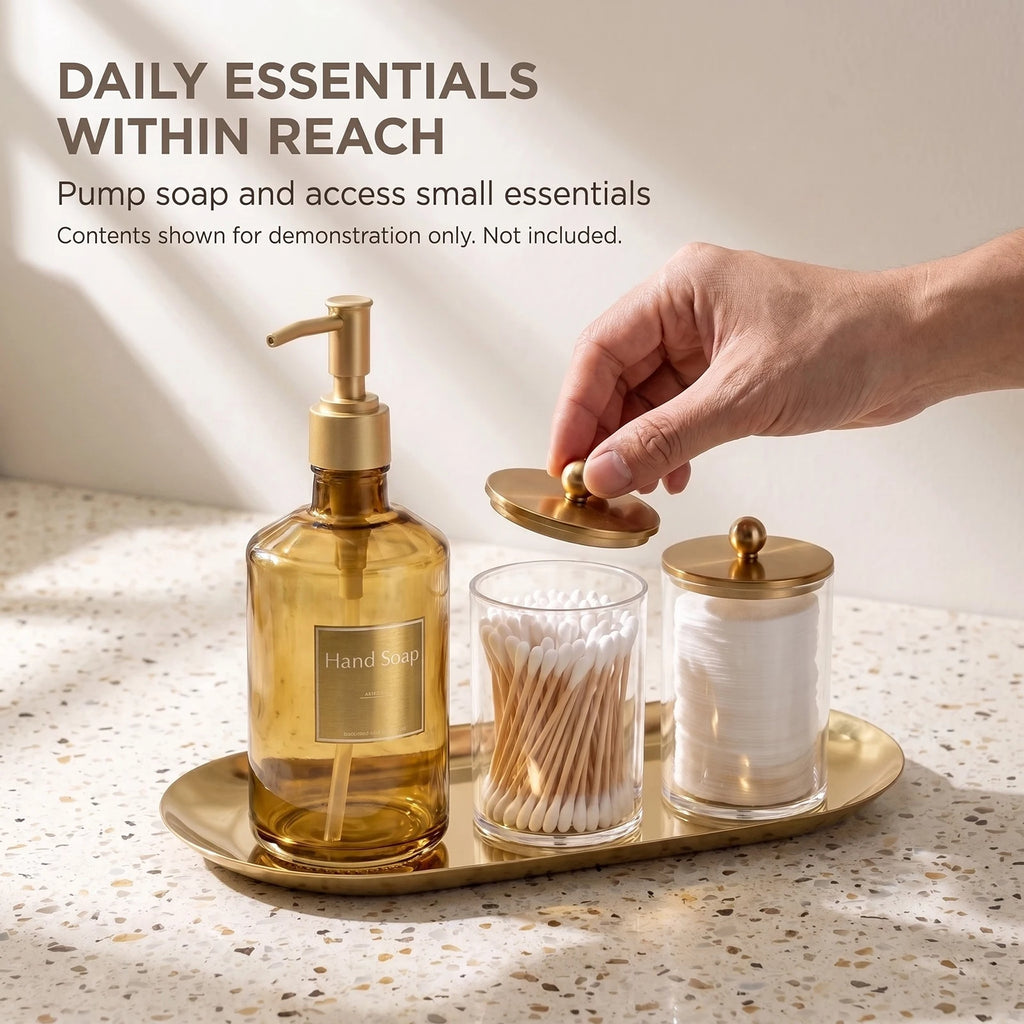 4-Piece Bathroom Vanity Organizer Set – Soap Dispenser & Cotton Storage Jars