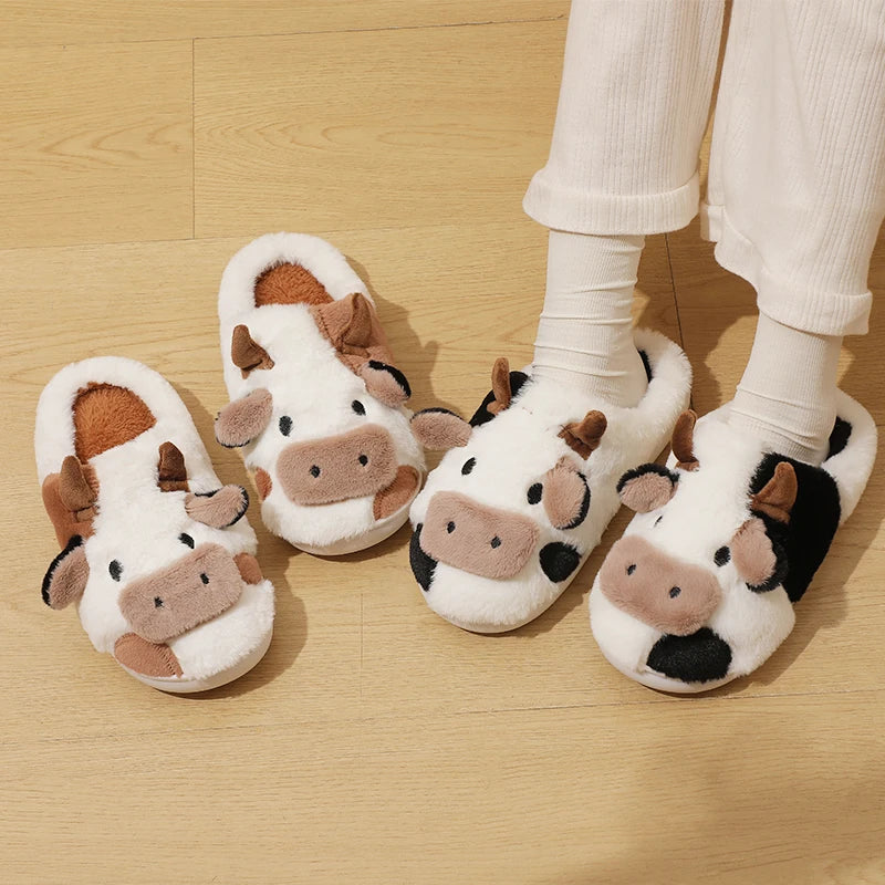 Winter Unisex Cartoon Cow Plush Slippers