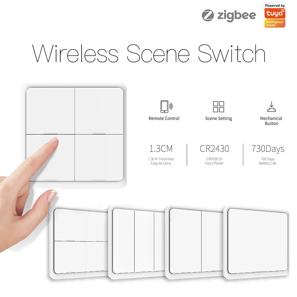 Wireless scene switch packaging with hand pointing to switch, Zigbee and Tuya logos.
