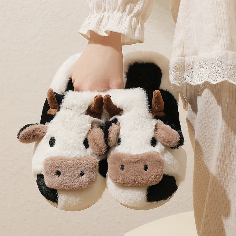 Winter Unisex Cartoon Cow Plush Slippers