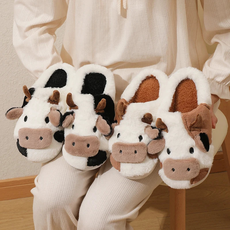 Winter Unisex Cartoon Cow Plush Slippers