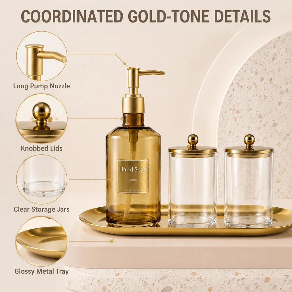 4-Piece Bathroom Vanity Organizer Set – Soap Dispenser & Cotton Storage Jars