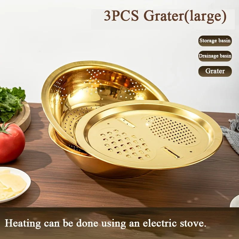 3-in-1 Stainless Steel Kitchen Prep Bowl – Grater, Strainer & Mixing Bowl