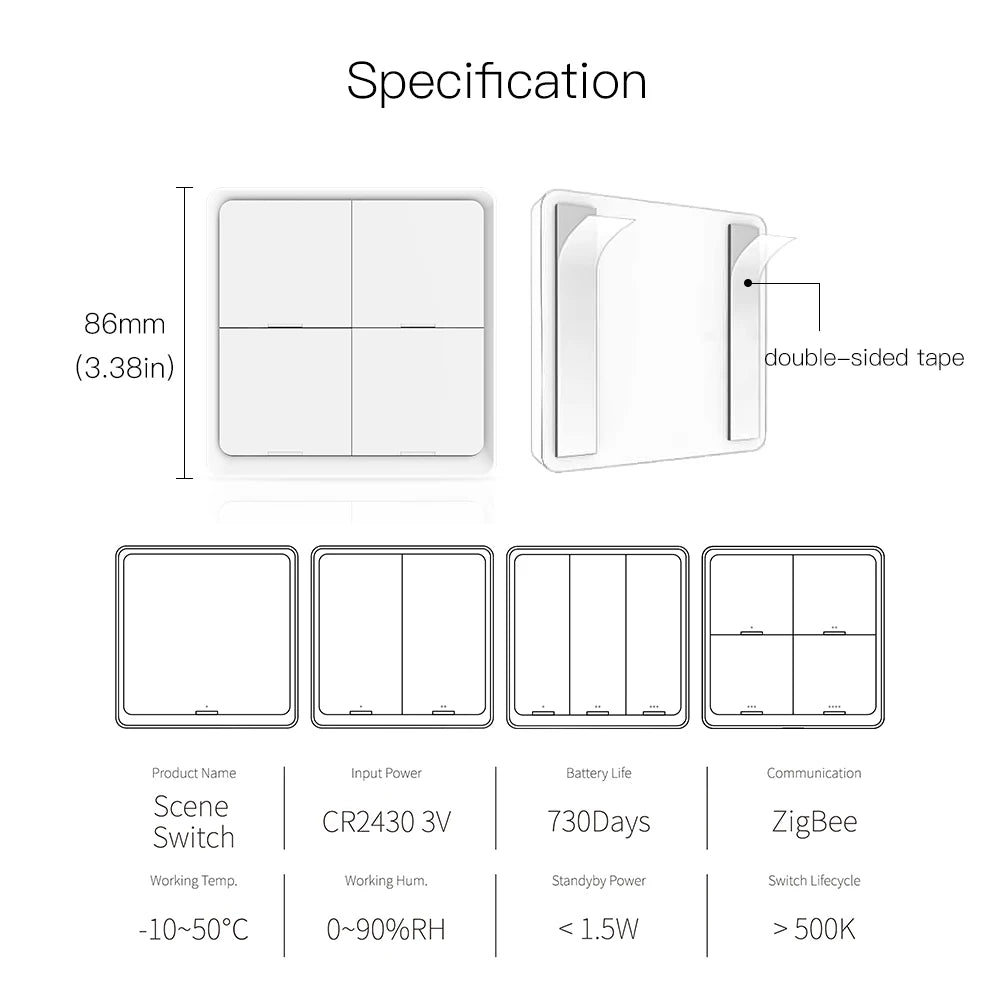 Technical specifications of a scene switch with dimensions and features on a white background