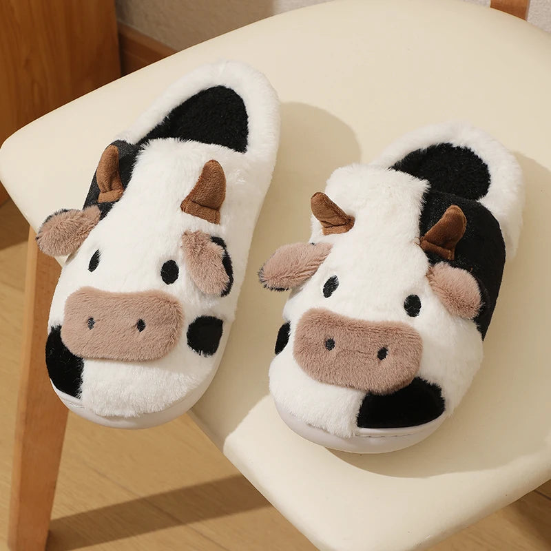 Winter Unisex Cartoon Cow Plush Slippers