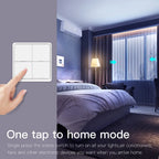 Bedroom scene with a hand pressing a switch labeled 'One tap to home mode'.