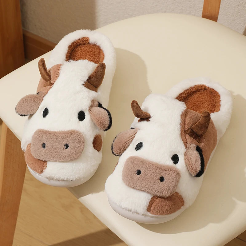 Winter Unisex Cartoon Cow Plush Slippers