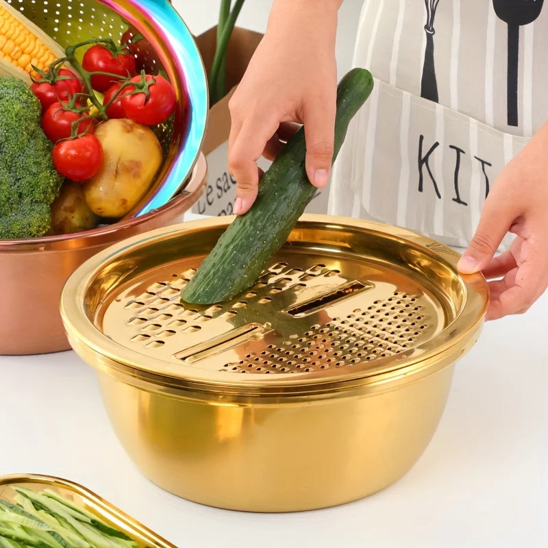3-in-1 Stainless Steel Kitchen Prep Bowl – Grater, Strainer & Mixing Bowl