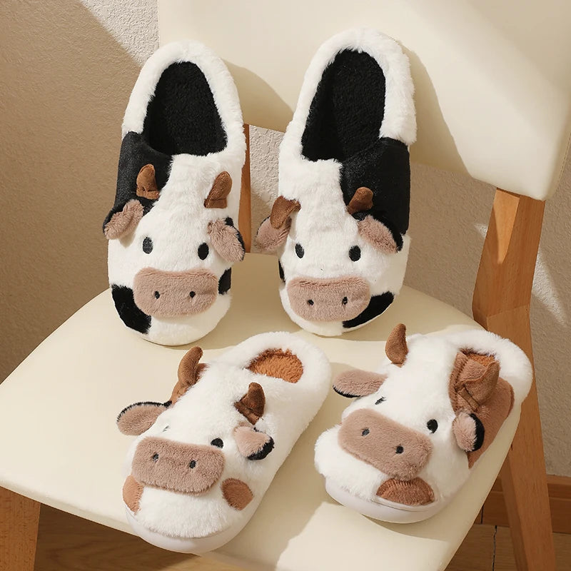 Winter Unisex Cartoon Cow Plush Slippers